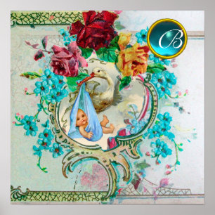 STORCH BABYJUNGE TAUFE Edelstein Monogramm Poster