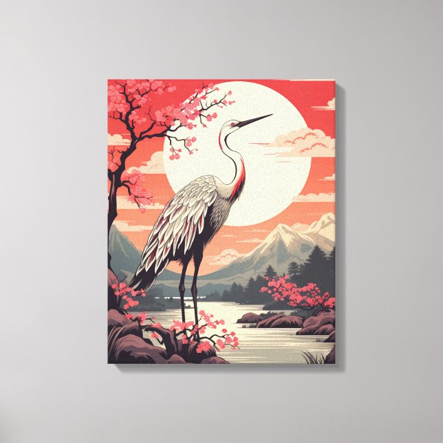 Storch bei Sonnenaufgang am See und Sakura-Bäume Leinwanddruck (Vorderseite)