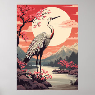Storch bei Sonnenaufgang am See und Sakura-Bäume Poster