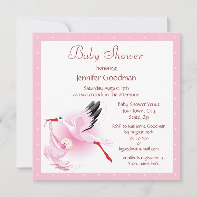 Storch Delivering Baby Pink Baby Dusche Einladung (Vorderseite)