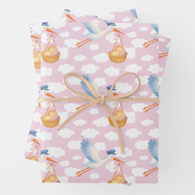 Storch Delivery Baby Girl Wrapping Paper Niedlich  Geschenkpapier Set (Beispiel)