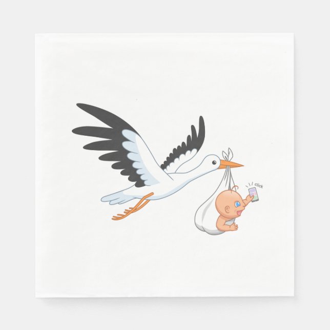 Storch, der ein Baby trägt, das sich selbst ernähr Serviette (Vorderseite)