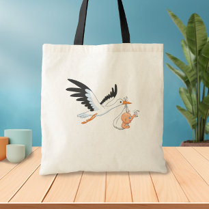 Storch, der ein Baby trägt, das sich selbst ernähr Tragetasche