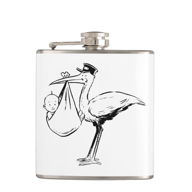 Storch, der eine Baby-Flasche hält Flachmann (Vorderseite)