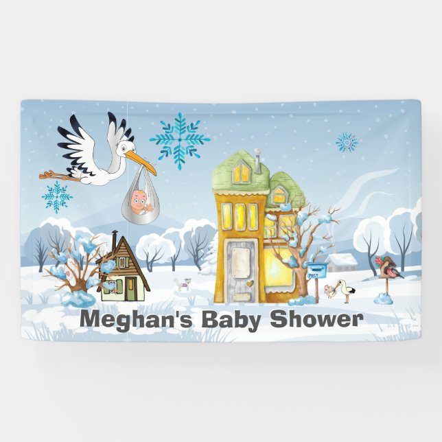 Storch, der im Winter Baby an Zuhause liefert Banner (Horizontal)