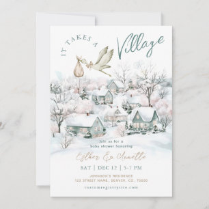Storch es nimmt ein Village Winter Baby Dusche Einladung