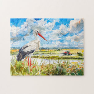 Storch im Sommer Felder Havelland Wasserfarbe Stil
