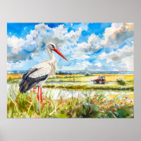 Storch im Sommer Felder Havelland Wasserfarbe Stil