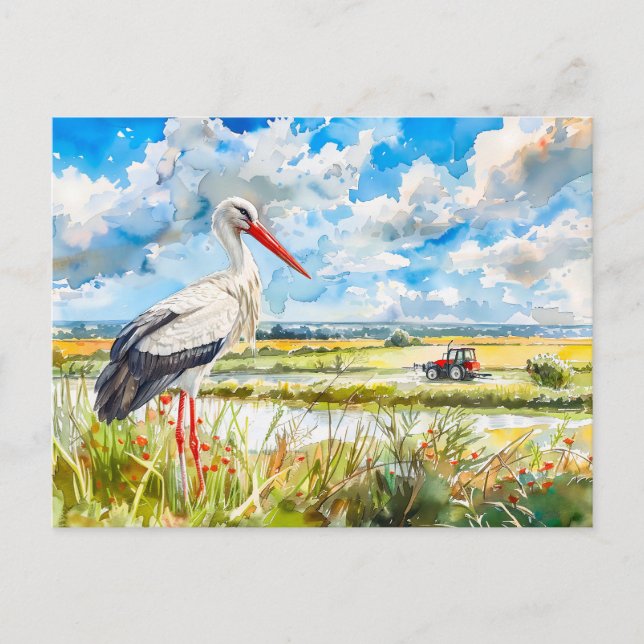 Storch im Sommer Felder Havelland Wasserfarbe Stil Postkarte (Vorderseite)