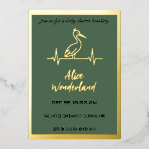 Storch in moderner Gold- und Green Baby-Dusche Folieneinladung