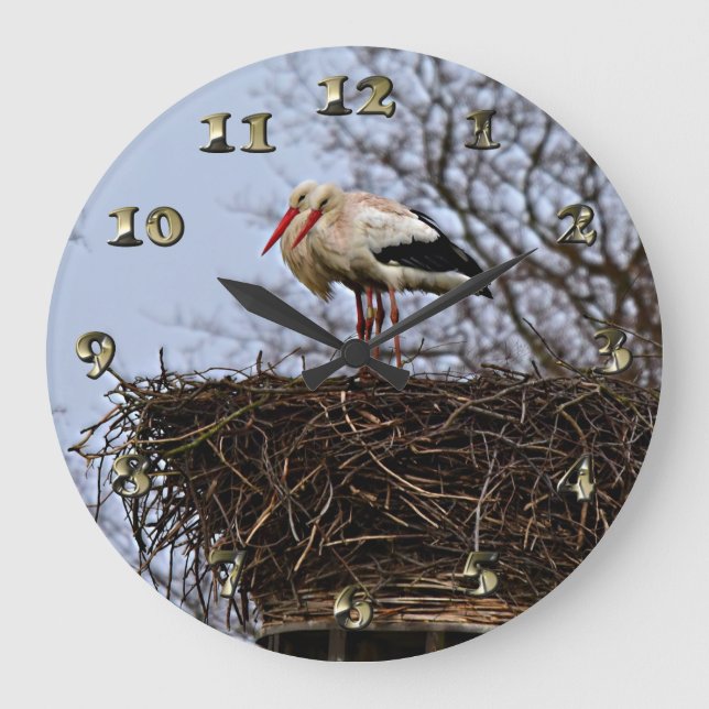 Storch in Nest Große Wanduhr (Vorderseite)