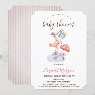 Storch Kleiner Hase Rosa Streifen Baby Shower   Einladung