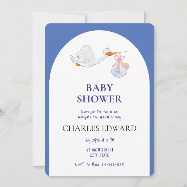 Storch liefert kleine Babydusche blau Einladung (Vorderseite)