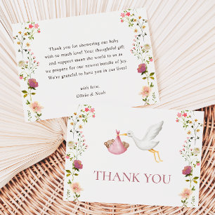 Storch-Lieferung Rosa Blumen Mädchen Baby Shower Dankeskarte