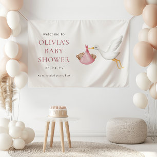 Storch Lieferung Rosa Mädchen Baby Shower Willkomm Banner