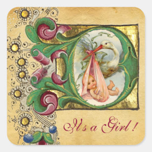 STORCH-MÄDCHEN-BABYPARTY-BLUMENpergament-MONOGRAMM Quadratischer Aufkleber