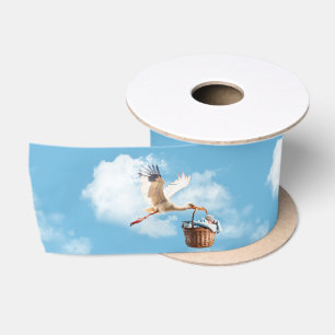 Storch mit Baby Boy im Korb Satinband