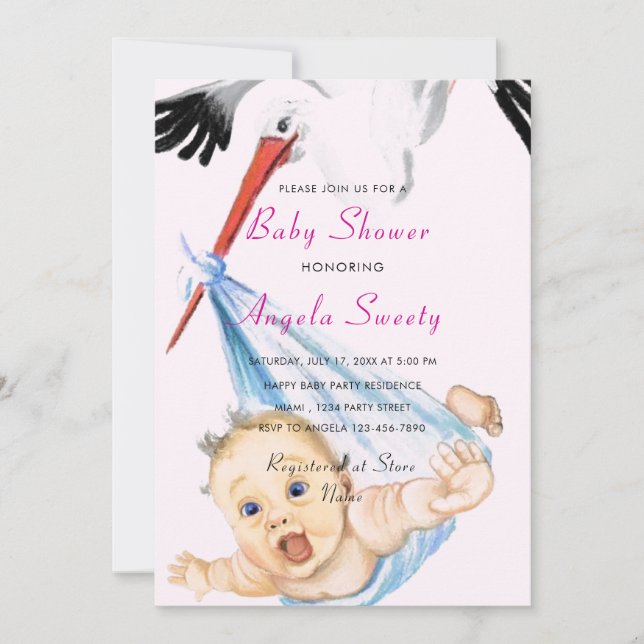 Storch mit Baby Funny Shower Einladung (Vorderseite)