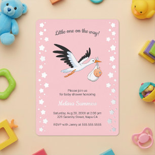 Storch mit Baby-Selfie Baby Shower Pink Folieneinladung