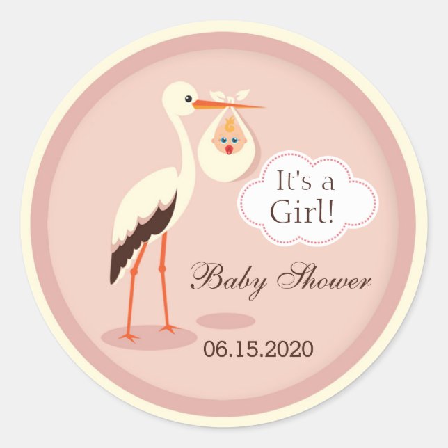 Storch mit niedlichem Baby-Girl-Duschkleber Runder Aufkleber (Vorderseite)