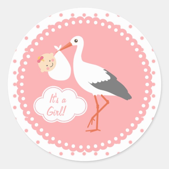 Storch mit niedlichem Baby-Girl-Duschkleber Runder Aufkleber (Vorderseite)