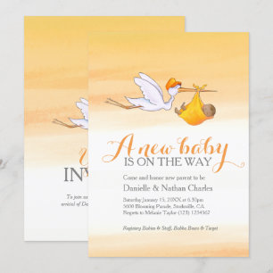 Storch neue Baby golden orange Paare Babydusche Einladung