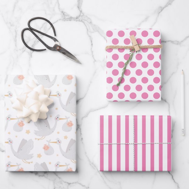 Storch New Baby Wrapping Paper Set 3 Geschenkpapier Set (Vorderseite)
