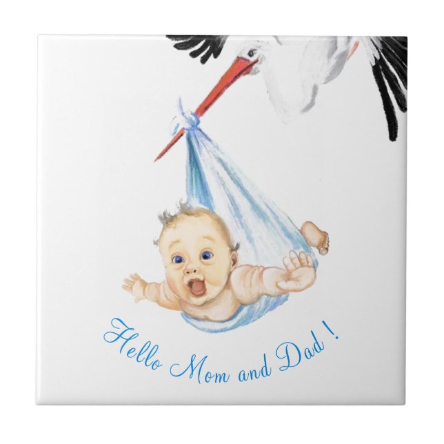 Storch trägt Baby Funny Tile mit benutzerdefiniert Fliese (Vorderseite)