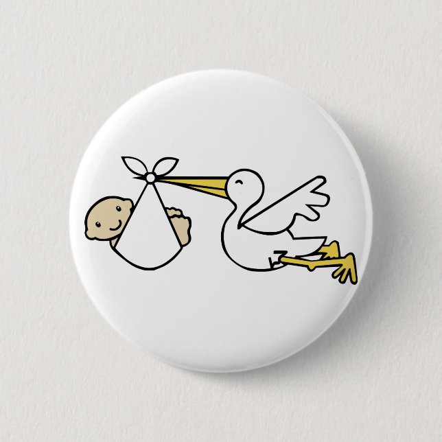 Storch und Baby-Cartoon Niedliche Geburtsankündigu Button (Vorderseite)
