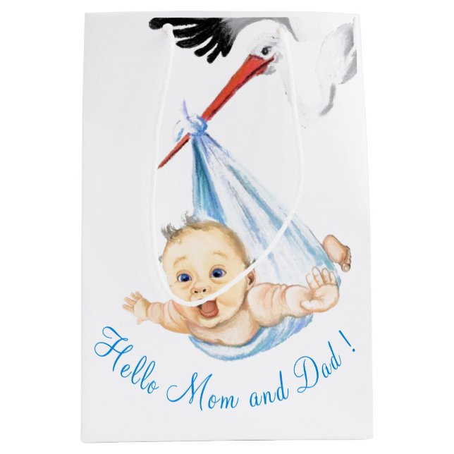 Storch und Baby Funny Gift Bag - Custom Text Mittlere Geschenktüte (Vorderseite)
