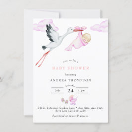 Storch | Watercolor Baby Girl Dusche Einladung