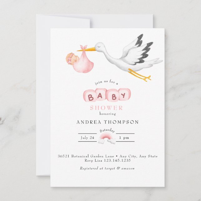 Storch | Watercolor Baby Girl Dusche Einladung (Vorderseite)