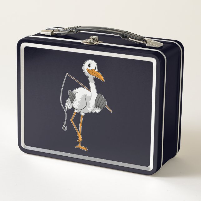 Storch wie Fisher mit Angelrute Metall Brotdose (Vorderseite)