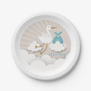 Storch + Wolken mit blauer Bündel-Jungen-Babypart Pappteller