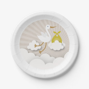 Storch + Wolken mit gelber Bündel-Jungen-Babypart Pappteller