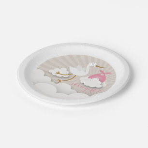 Storch + Wolken mit rosa Bündel-Mädchen-Babypart Pappteller
