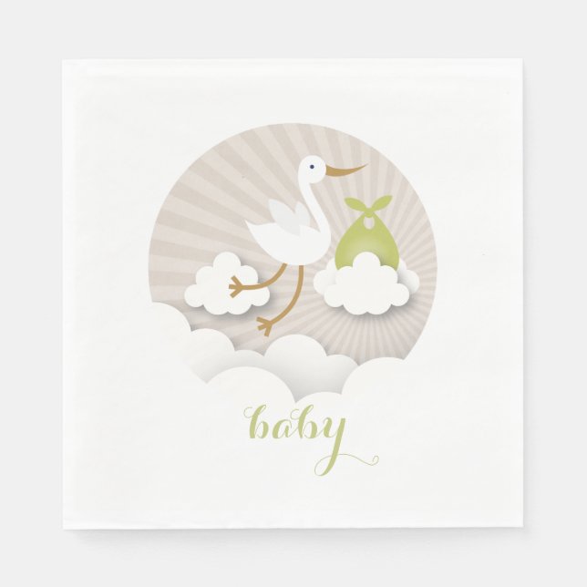 Storch + Wolken neutrale grüne Babydusche Napkins Serviette (Vorderseite)
