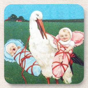 STORCH ZWILLINGS-BABYSHOWER, Rosa ,Türkisblau Untersetzer