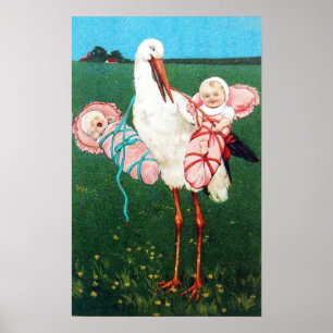 STORCH ZWILLINGSMÄDCHEN  BABY SHOWER MONOGRAMM, POSTER