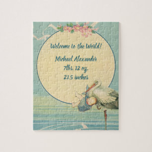 Storchen-Optik mit Babyjungen in blauem Tuch