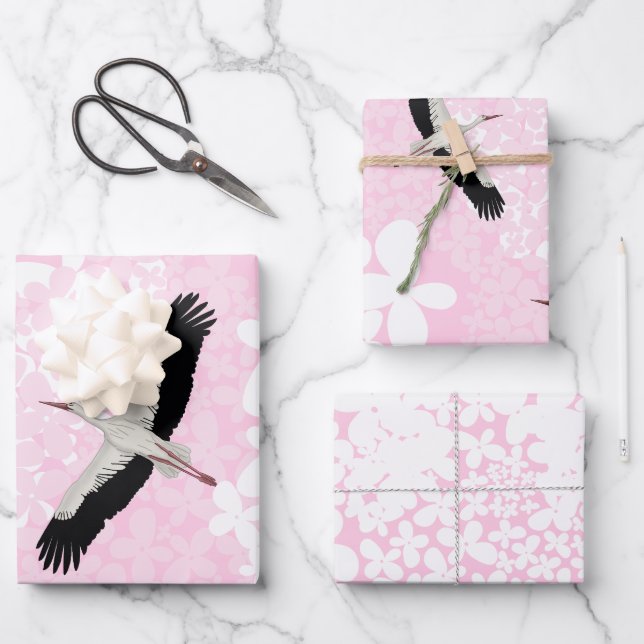 Storchen und wilde Blume Geschenkpapier Set (Vorderseite)