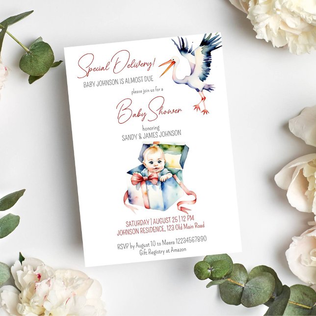 Storchenspezialzustellung lustige Babydusche Einladung (Special delivery stork baby sitting in a gift box funny baby shower template invitation download)