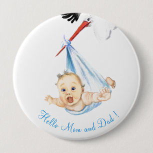 Storchentragetknopf - Hallo Mama und Vater Button