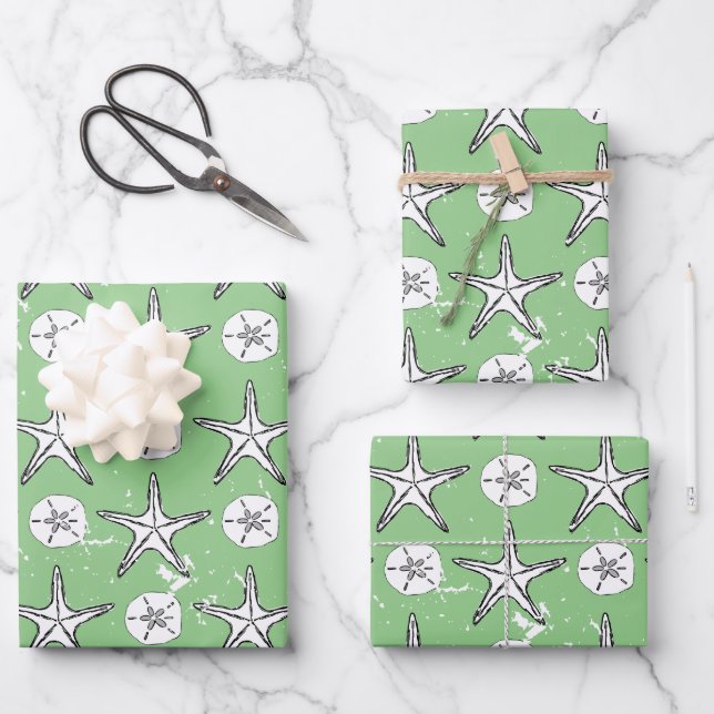 Störendes Sternenfisch-Sand-Dollar-Sketchmuster Geschenkpapier Set (Vorderseite)
