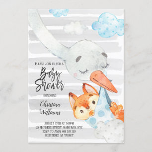 Stork and Fox Cub Boy Baby Dusche Blue & Grau Nied Einladung