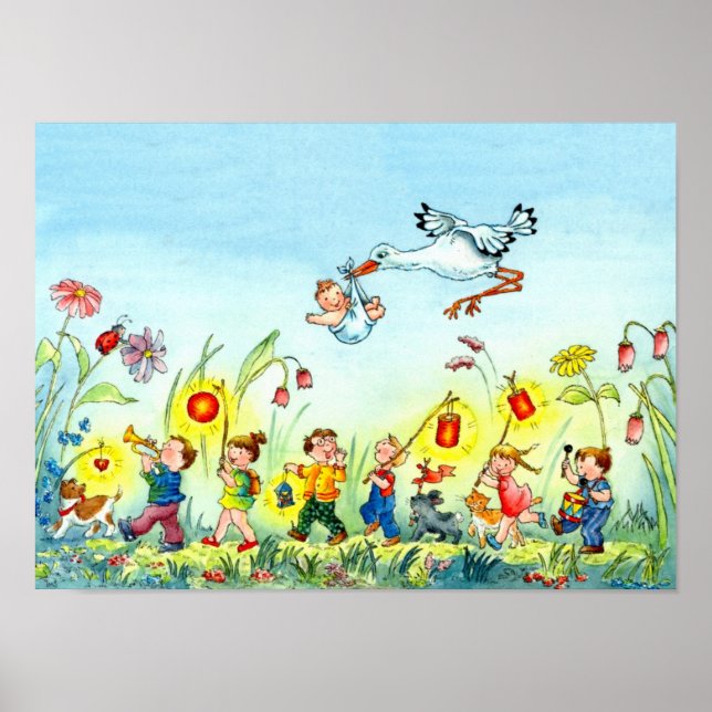 Stork avec bébé - Poster de pépinière (Devant)