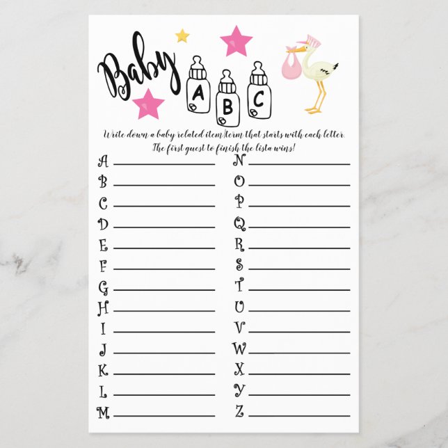 STORK BABY ABC BABY SHOWER GAME CARD FLYER (Vorne)
