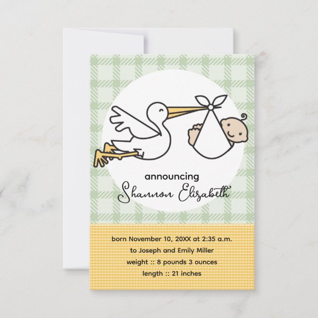 Stork Baby Birth Announcements (Gelb) Ankündigung (Vorderseite)