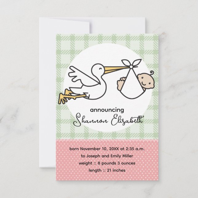 Stork Baby Birth Announcements (Pink) Ankündigung (Vorderseite)