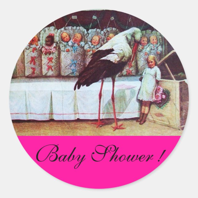 STORK BABY BOY DUSCHE 3 Pink fuchsia Runder Aufkleber (Vorderseite)
